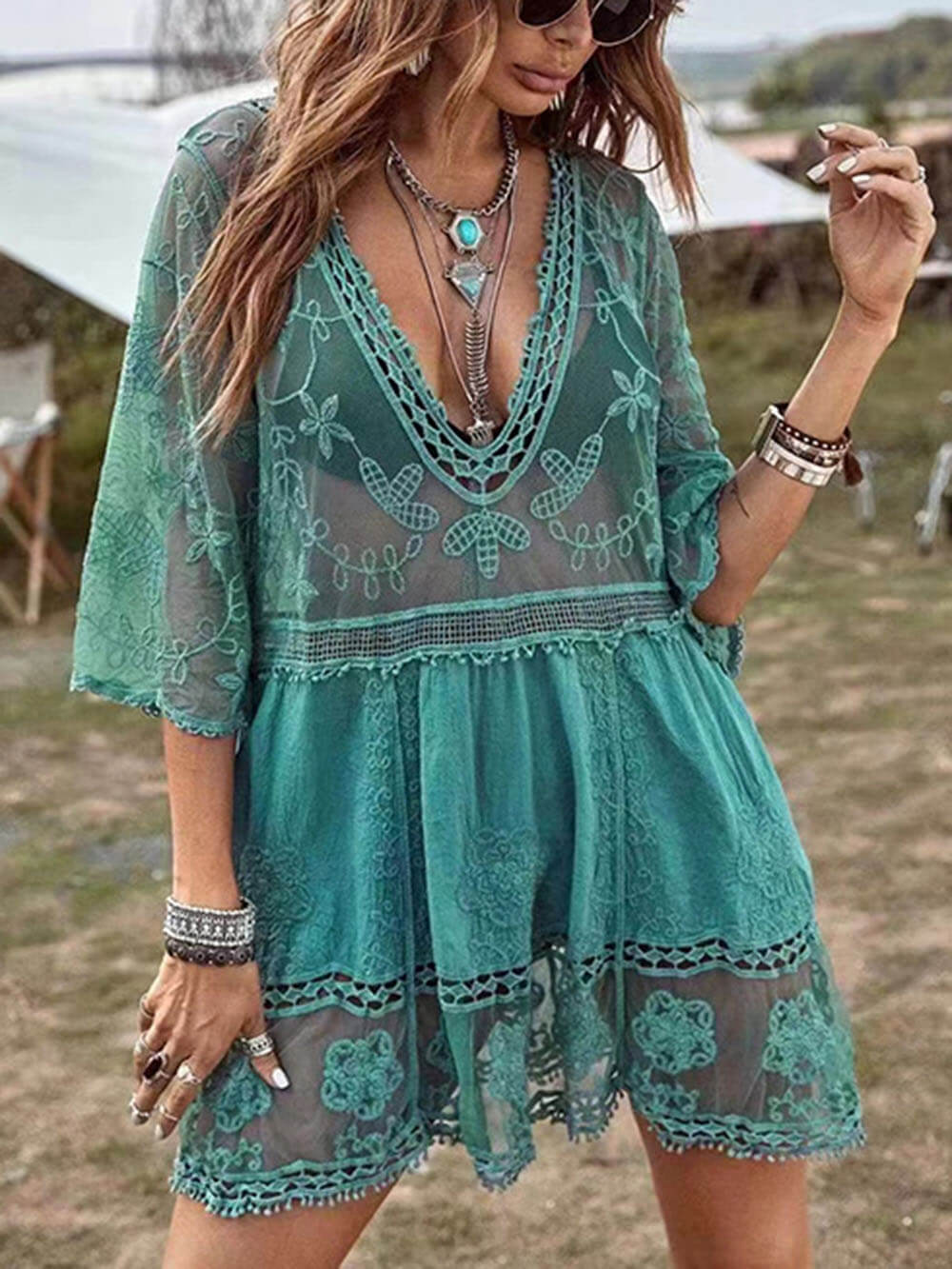 Robe de plage ample en dentelle pour bikini